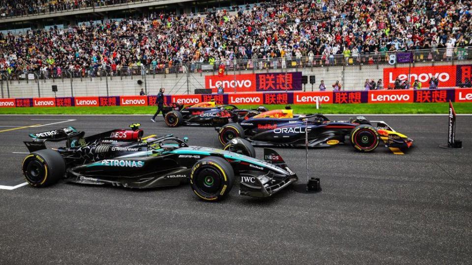 The Red Bull of Max Verstappen lined up with the Mercedes of Lewis Hamilton 