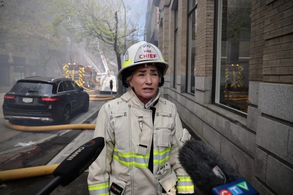 Vancouver Fire Chief Karen Fry at the scene of an apartment fire in Gastown on April 11, 2022.