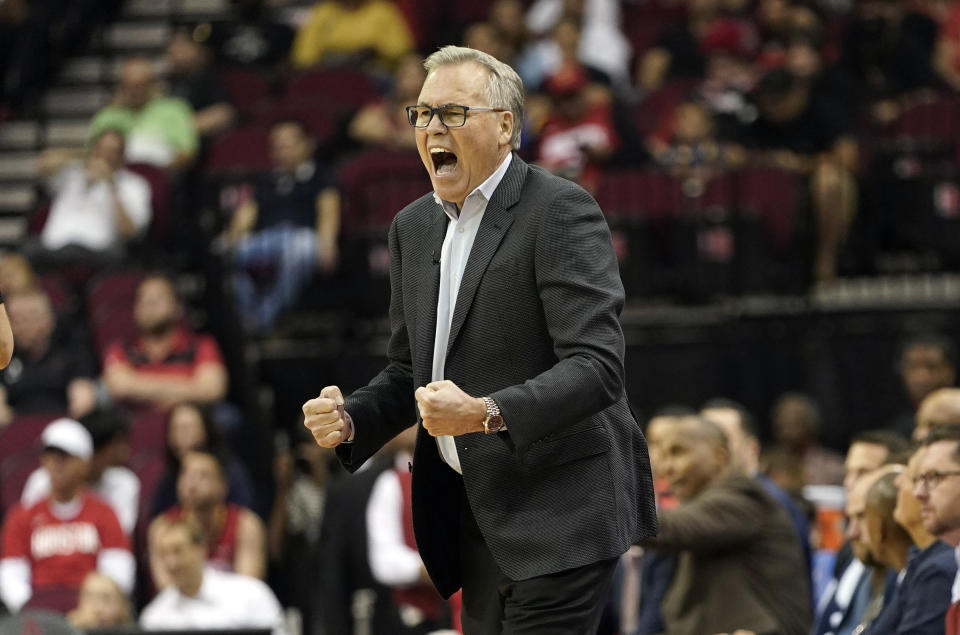 Houston Rockets coach Mike D'Antoni yells to his players during the first half of an NBA basketball game against the Golden State Warriors Wednesday, Nov. 6, 2019, in Houston. (AP Photo/David J. Phillip)