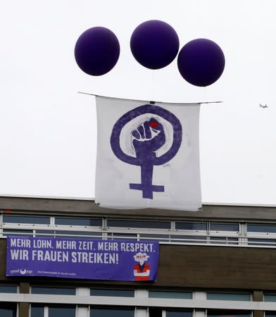 A banner is seen during a women's strike in Zurich