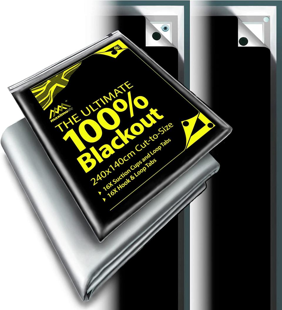 A silver-backed MaximoLife 100% Blackout Blind, $39.99, is shown with its black and gold packaging and an example of how it attaches to a window.