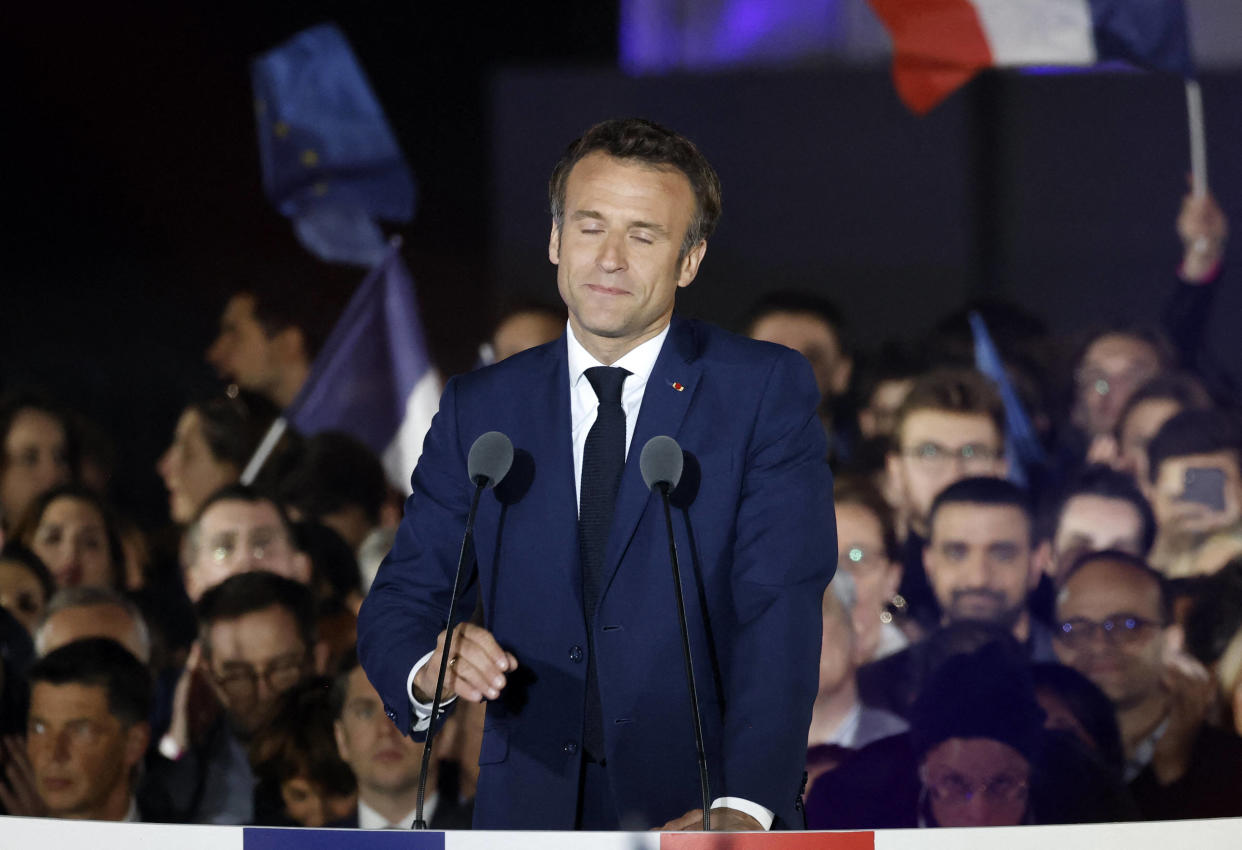 Emmanuel Macron, ici lors de son discours après sa victoire à l’élection présidentielle, au champ de Mars à Paris, le 24 avril 2022.