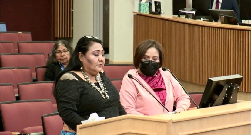 Reva Stewart and Coleen Chatter tell their stories during a hearing by the Arizona House Ad Hoc Committee for Missing and Murdered Indigenous Peoples last month. The committee met on the Salt River-Pima Maricopa Indian Community