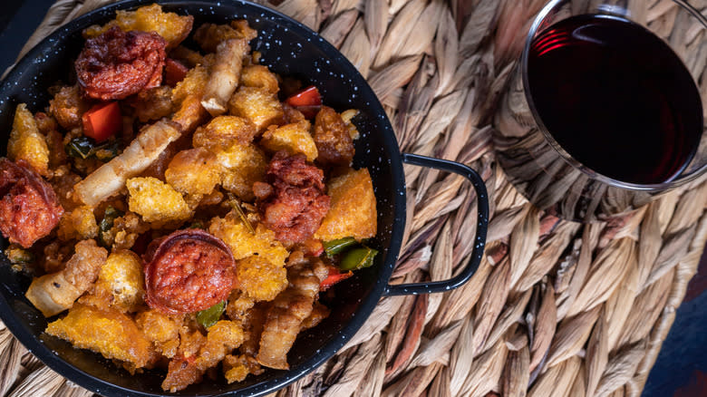 spanish migas with crutons and chorizo