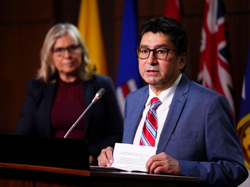 Wilfred King, chief of Kiashke Zaaging Anishinaabek (Gull Bay First Nation), speaking during a news conference in Ottawa, says they are filing a lawsuit against Canada for inequitable funding of their police service. (Sean Kilpatrick/The Canadian Press - image credit)