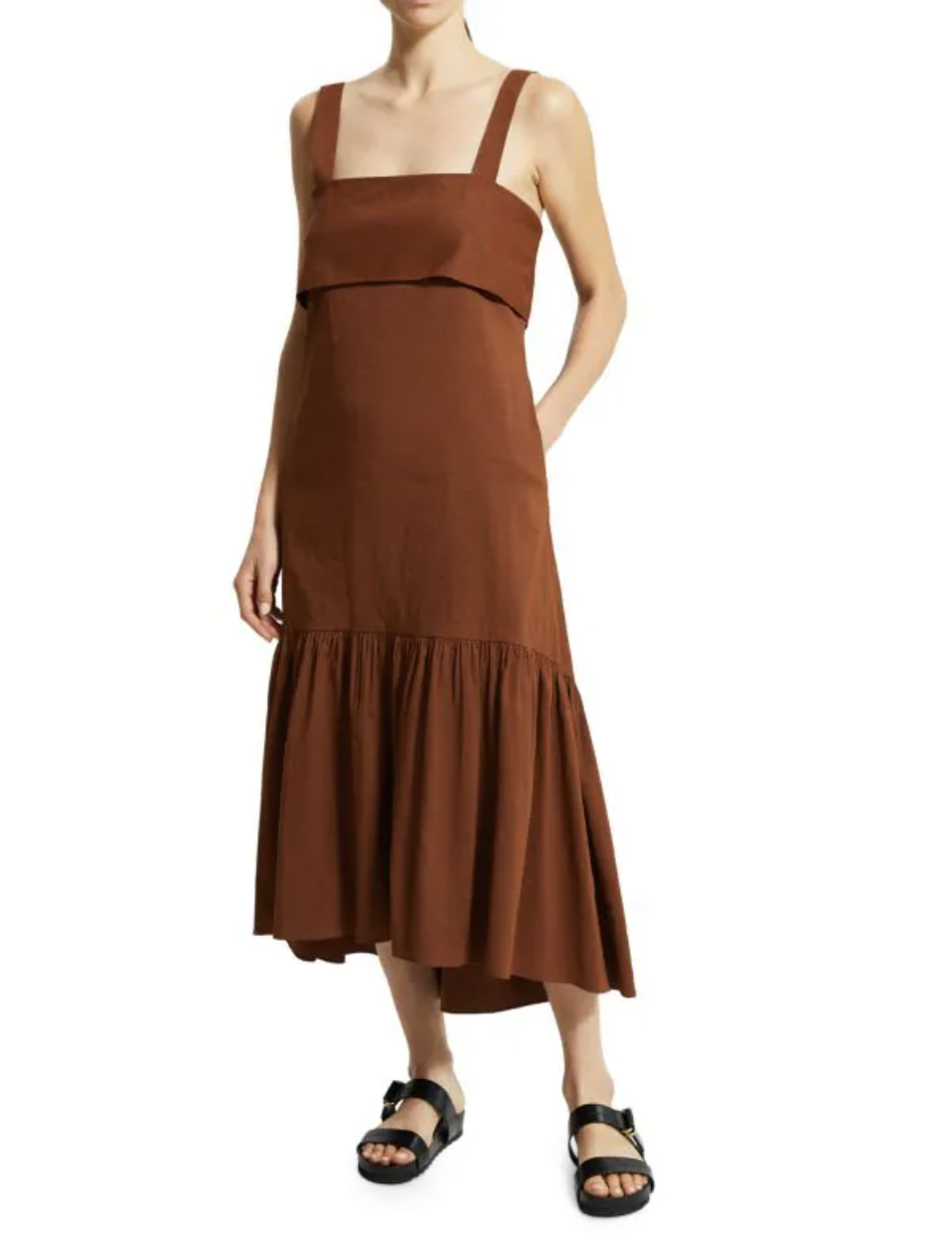 model wearing birkenstock sandals and brown Tie Back Linen Sleeveless Midi Dress (Photo via Saks Off Fifth)