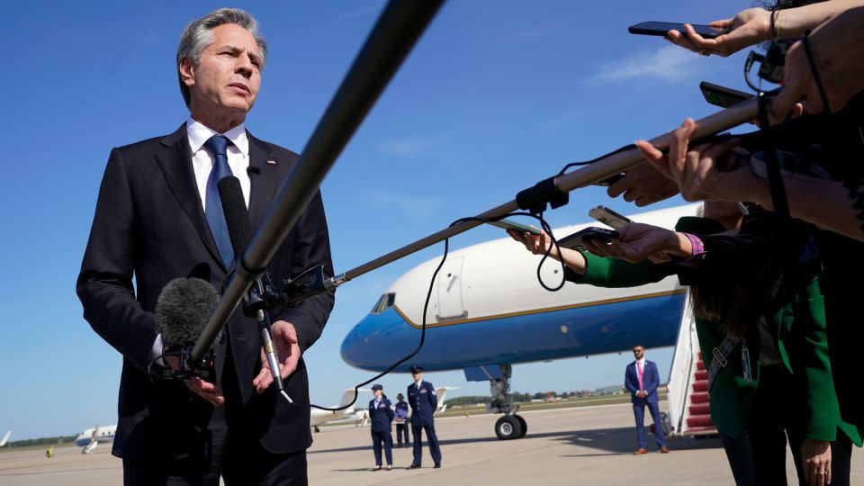 Secretary of State Antony Blinken speaks before boarding a plane, Wednesday Oct. 11, 2023, at Andrews Air Force Base, Md., en route to Israel. - Jacquelyn Martin/AP