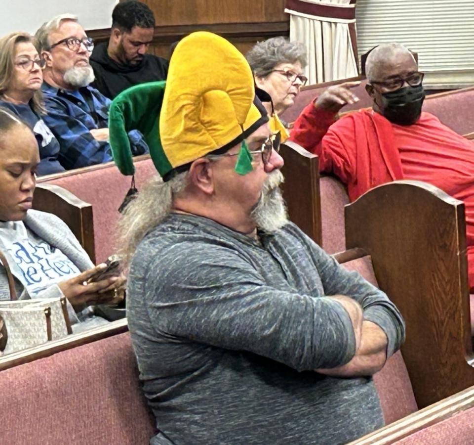 Hopewell resident Ed Houser wears a court jester's hat at Hopewell City Council's meeting Tuesday, Oct. 10, 2023. Houser has sported the hat at several meetings this year as his statement on how the city is being governed.