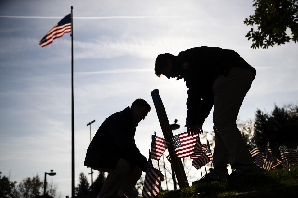 American flags are posted in the ground ahead of a Veterans Day ceremony at the Vietnam War Memorial in Philadelphia, Nov. 11, 2019. (Photo: Matt Rourke/AP)