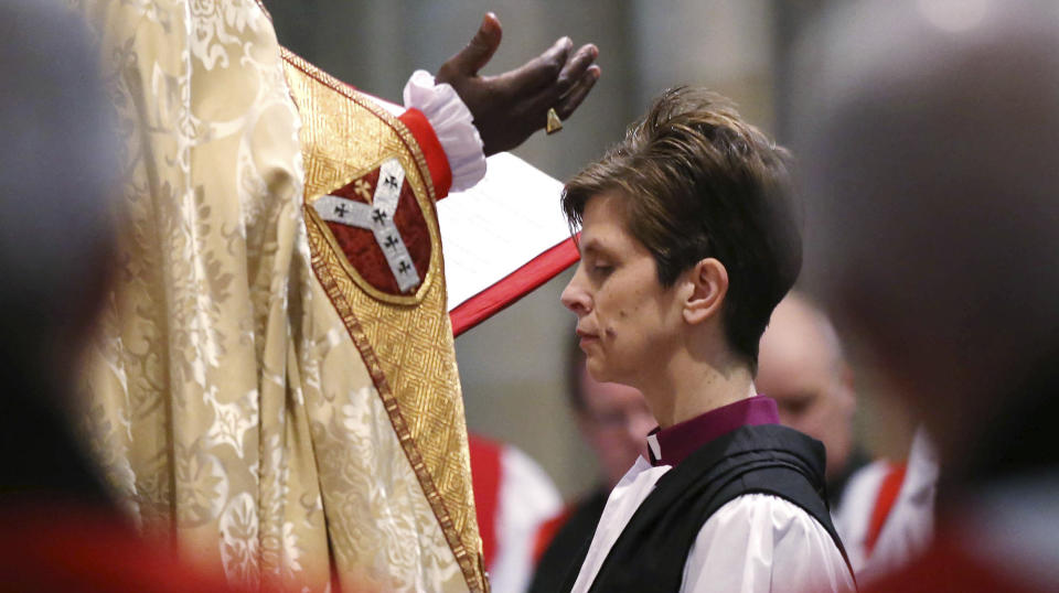 The Reverend Libby Lane is consecrated as the first female Bishop in the Church of England during a service at York Minster in York