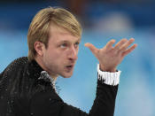 Evgeni Plushenko of Russia competes in the men's team short program figure skating competition at the Iceberg Skating Palace during the 2014 Winter Olympics, Thursday, Feb. 6, 2014, in Sochi, Russia. (AP Photo/Ivan Sekretarev)