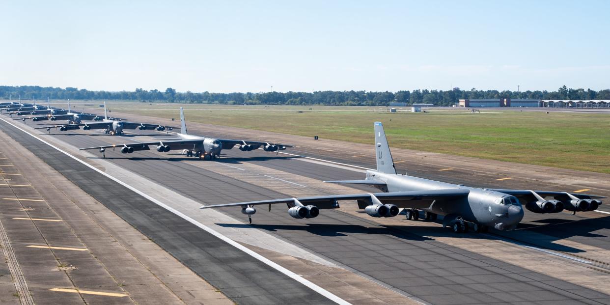B-52H Stratofortresses from the 2nd Bomb Wing line up on the runway as part of a readiness exercise at Barksdale Air Force Base, La.