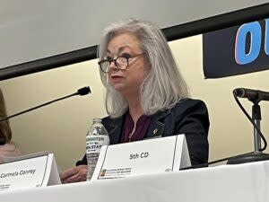  Carmela Conroy addresses the Washington State Labor Council delegates on May 18, 2024. (Jerry Cornfield/Washington State Standard)