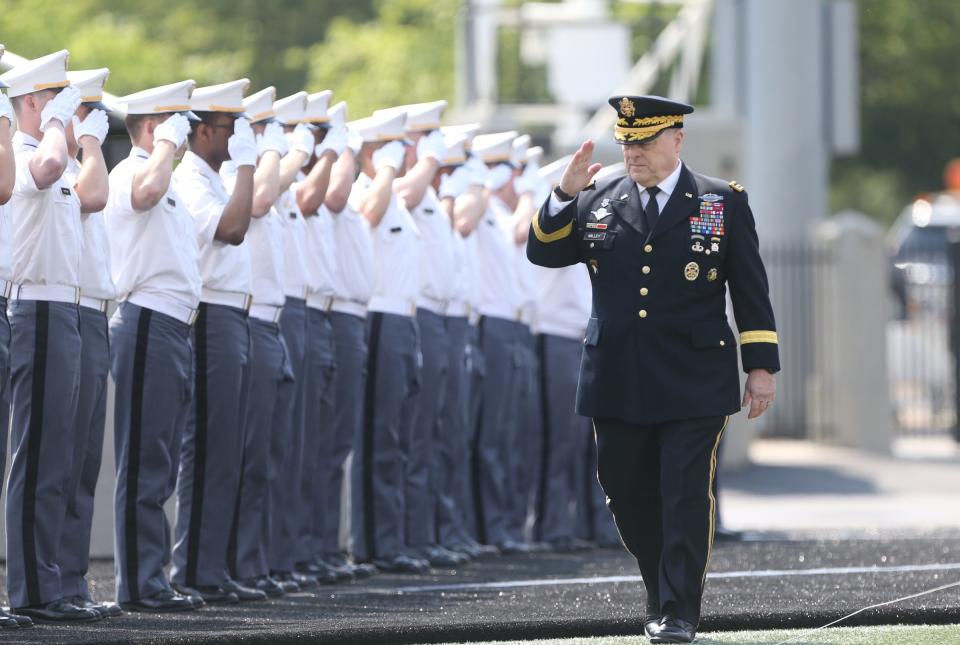 Chairman of the Joints Chiefs of Staff General Mark A. Milley enters Michie Stadium for the 2022 graduation and commissioning ceremony at the U. S. Military Academy at West Point in Highland Falls on Saturday.