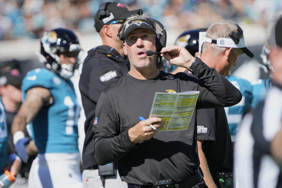 Jacksonville Jaguars head coach Doug Pederson looks up during the second half of an NFL football game against the Indianapolis Colts, Sunday, Oct. 15, 2023, in Jacksonville, Fla. (AP Photo/John Raoux)