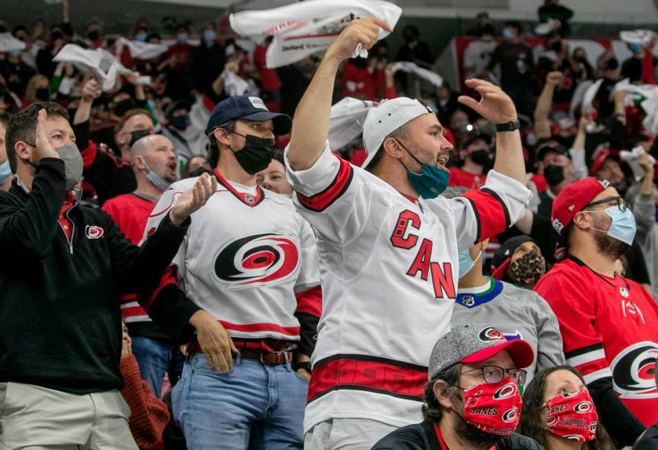 Carolina Hurricanes fans reacts to a penalty against the Hurricanes in the first period against Nashville in their first round Stanley Cup series game on Monday, May 17, 2021 at PNC Arena in Raleigh, N.C.