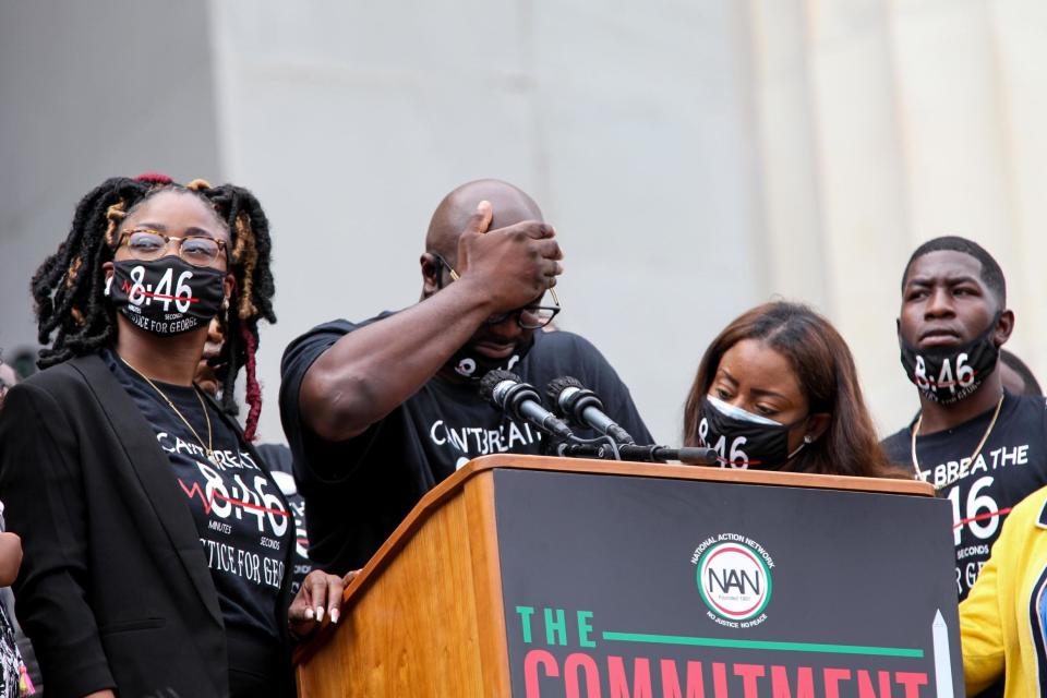 Philonise Floyd, the brother of George Floyd, who was killed in police custody in Minneapolis, reacts as he speaks at the Lincoln Memorial (Getty Images)