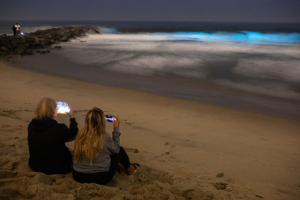 Julia Beckett, 60, left, of  Huntington Beach, and Christine Tuttle, 65, right, of  Westminster capture the glowing blue of the bioluminescence in the crashing waves in the middle of the night on Sept. 11, 2023, in Newport Beach, Calif.  / Credit: Francine Orr / Los Angeles Times via Getty Images