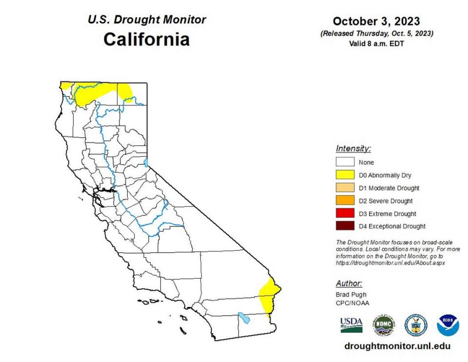 A map shows drought conditions across California’s 58 counties. The state is nearly 100% drought free, according to the U.S. Drought Monitor.