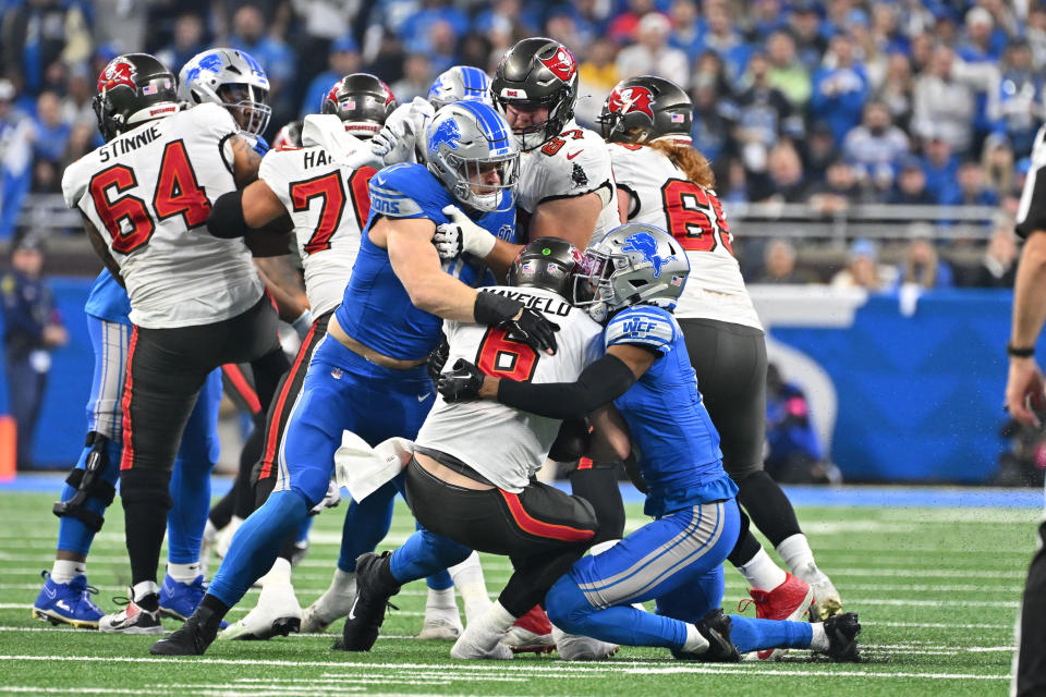 La defensiva de los Detroit Lions ha elevado su nivel en los playoffs. (Foto de Steven King/Icon Sportswire via Getty Images)