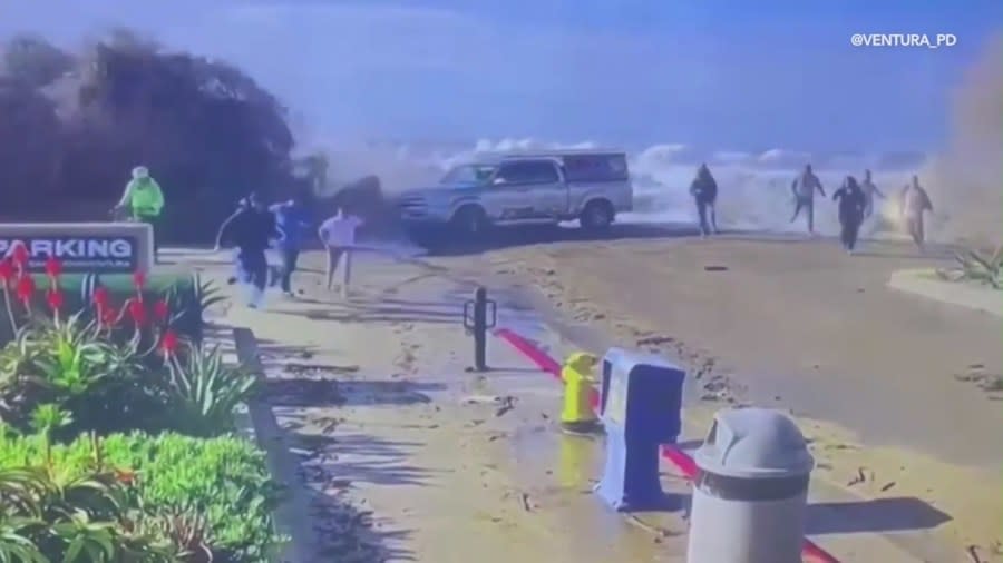 Video captured the moment beachgoers were slammed into by a massive rogue wave in Ventura County on Dec. 28, 2023, sending nine people to the hospital. (Ventura Police Department)