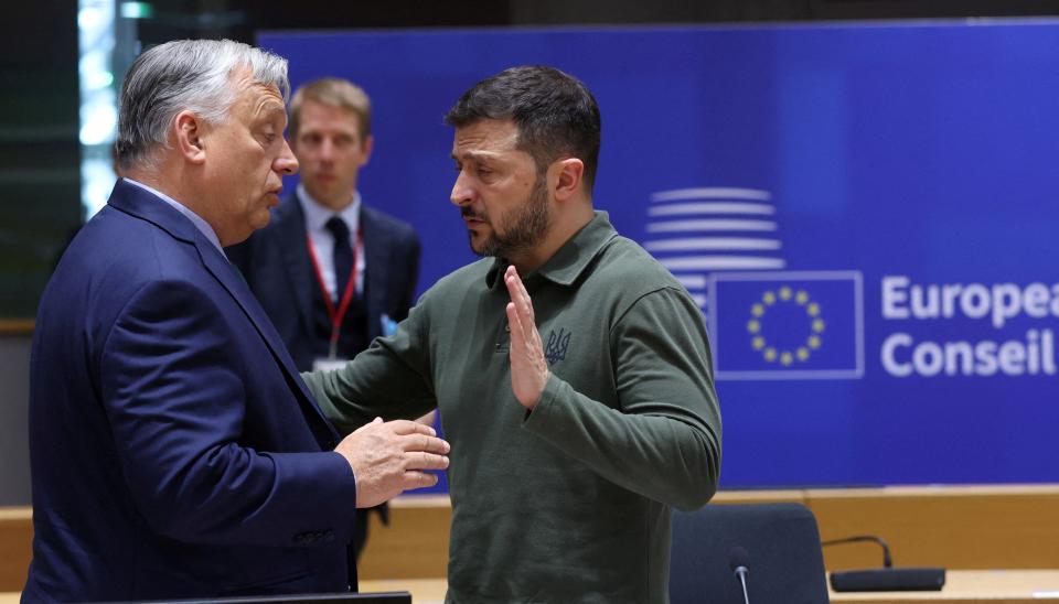 Hungarian Prime Minister Viktor Orban and Ukraine’s President Volodymyr Zelensky attend a European Union leaders’ summit in Brussels, Belgium June 27 (via REUTERS)