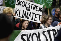 Swedish climate activist Greta Thunberg takes part in the demonstration Global Strike for Climate, in Stockholm, Sweden, Friday, May 24, 2019. (Janerik Henriksson/TT News Agency via AP)