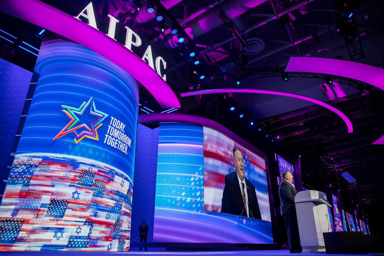 <span>Then US secretary of state Mike Pompeo speaks during the Aipac policy conference in Washington DC on 2 March 2020.</span><span>Photograph: Erik S Lesser/EPA</span>
