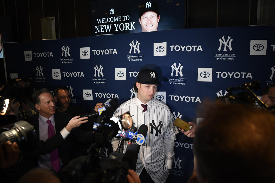 Dec 18, 2019; Bronx, NY, USA;  New York Yankees pitcher Gerrit Cole speaks to the press at Legends Club at Yankee Stadium. Mandatory Credit: Danielle Parhizkaran-USA TODAY Sports