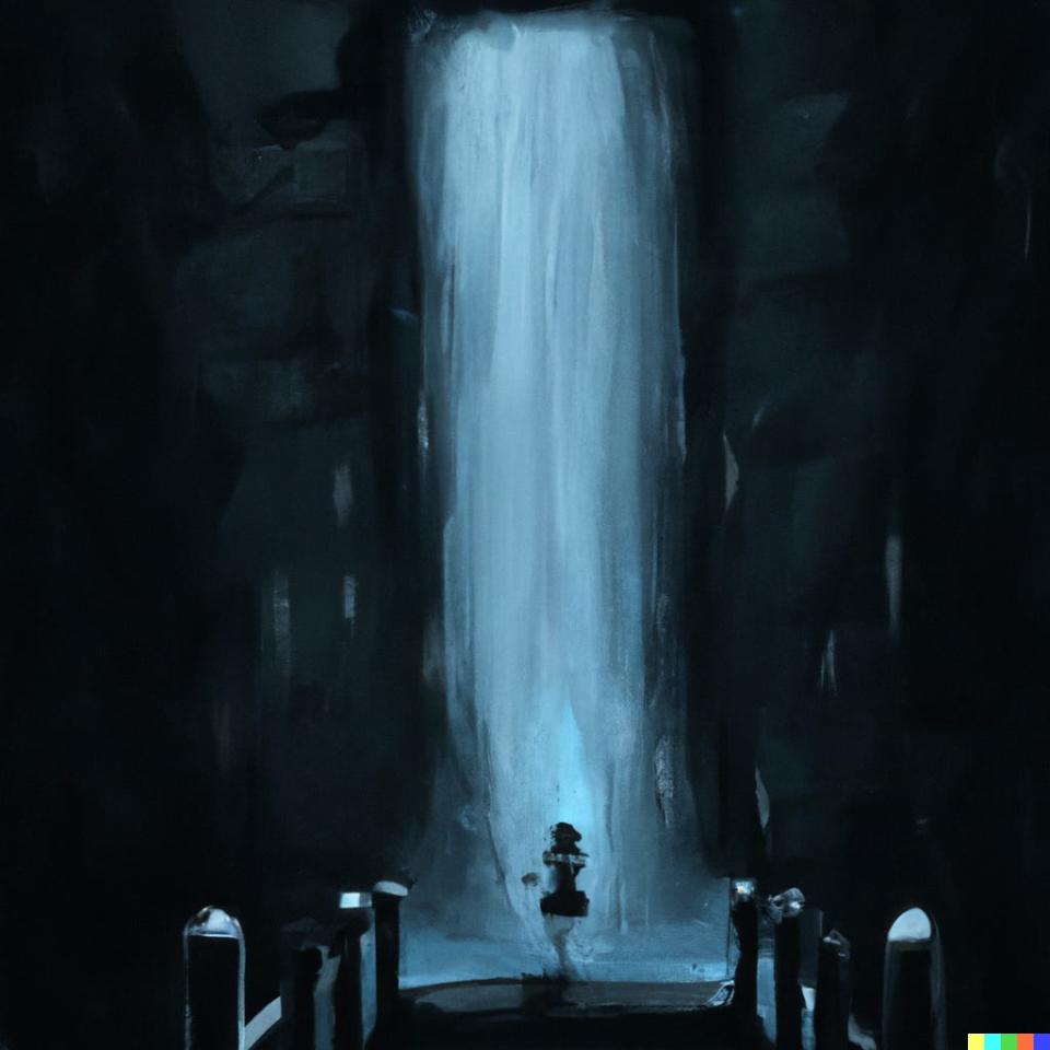 DALL·E AI-generated image of a dark painting of a girl walking over a bridge into a waterfall that opens into another dimension