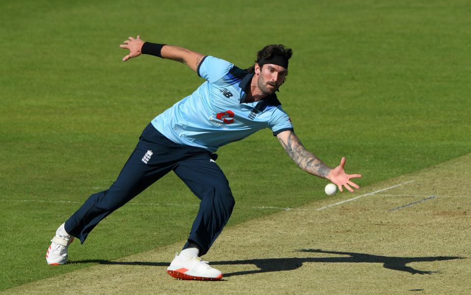 Reece Topley of England fields off his own bowling during a England One Day Squad Warm Up Match at The Ageas Bowl on July 21, 2020 in Southampton, England - Reece Topley named in 14-man England ODI squad for Ireland series - GETTY IMAGES