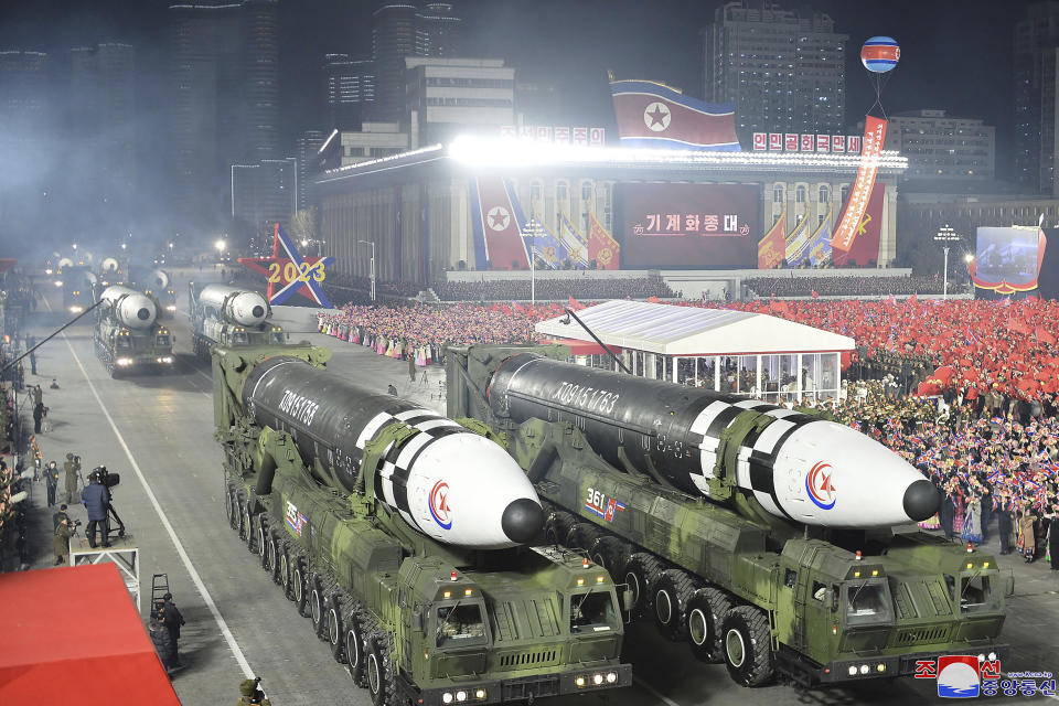 FILE - This photo provided by the North Korean government, shows what it says is Hwasong-17 intercontinental ballistic missiles during a military parade to mark the 75th founding anniversary of the Korean People's Army on Kim Il Sung Square in Pyongyang, North Korea on Feb. 8, 2023. Independent journalists were not given access to cover the event depicted in this image distributed by the North Korean government. The content of this image is as provided and cannot be independently verified. Korean language watermark on image as provided by source reads: "KCNA" which is the abbreviation for Korean Central News Agency. (Korean Central News Agency/Korea News Service via AP, File)