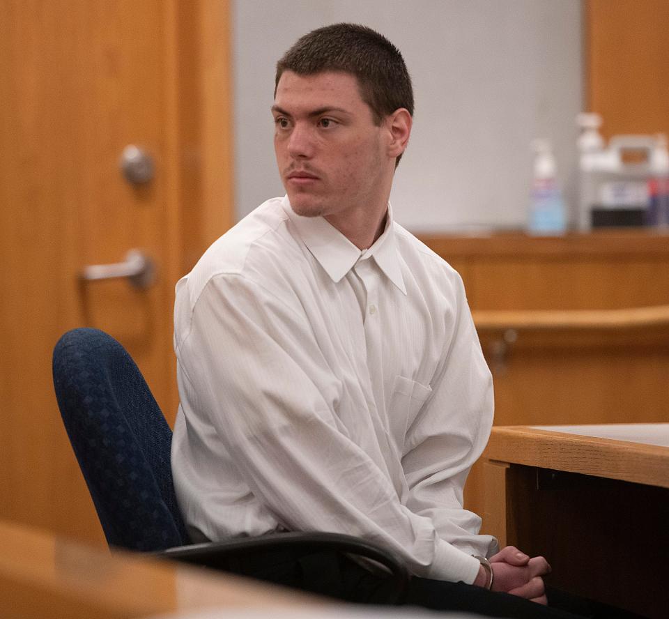 Nathan Brown sits the courtroom of Circuit Court Judge Linda Nobles on Tuesday, Aug. 1, 2023. Brown is on trial on two counts of felony murder for robbing and killing David Purchase and Natalie Greenough on Nov. 9, 2021. 