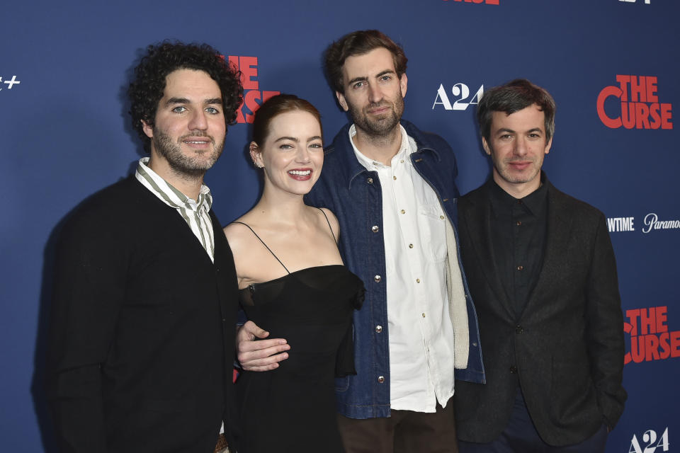 Benny Safdie, from left, Emma Stone, Dave McCary and Nathan Fielder attend the season one finale celebration for "The Curse" on Monday, Jan. 8, 2024, in Beverly Hills, Calif. (Photo by Richard Shotwell/Invision/AP)