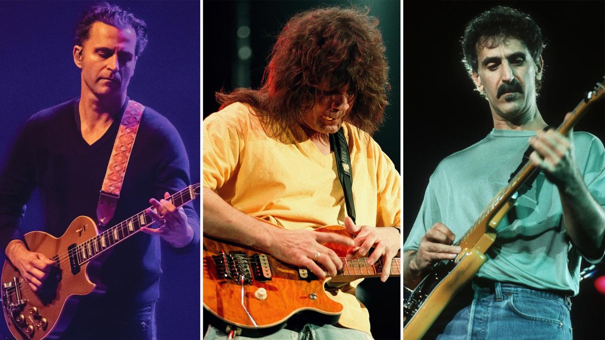  (from left) Dweezil Zappa, Eddie Van Halen and Frank Zappa perform onstage. 