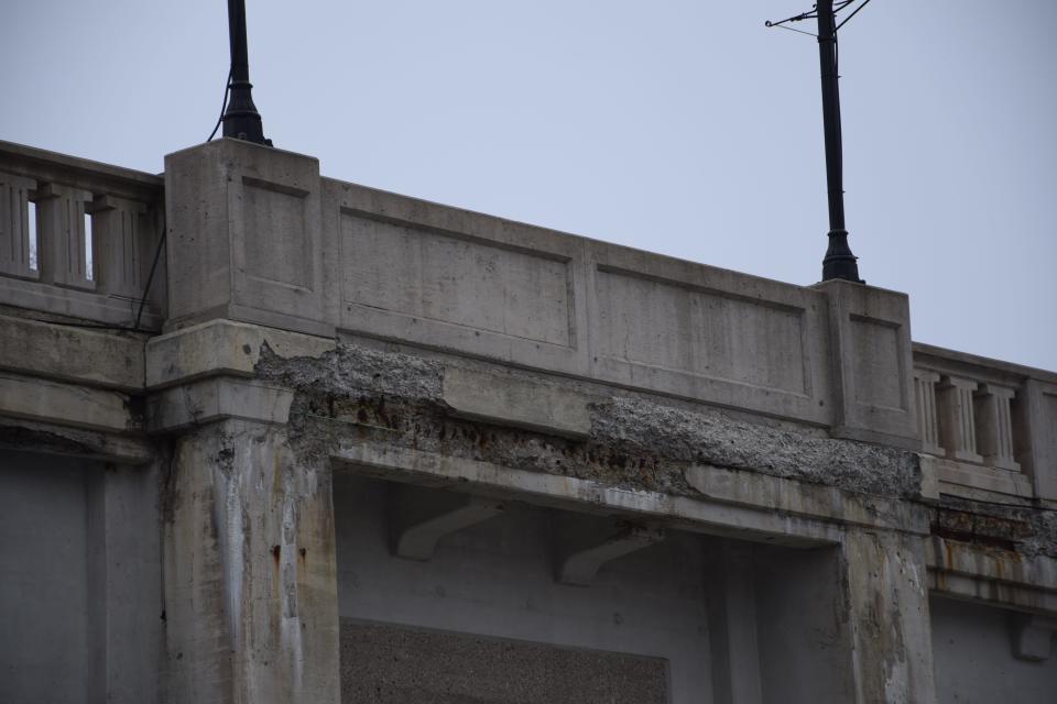 Crumbling concrete is seen on the Mitchell Street Bridge on Feb. 6, 2024.