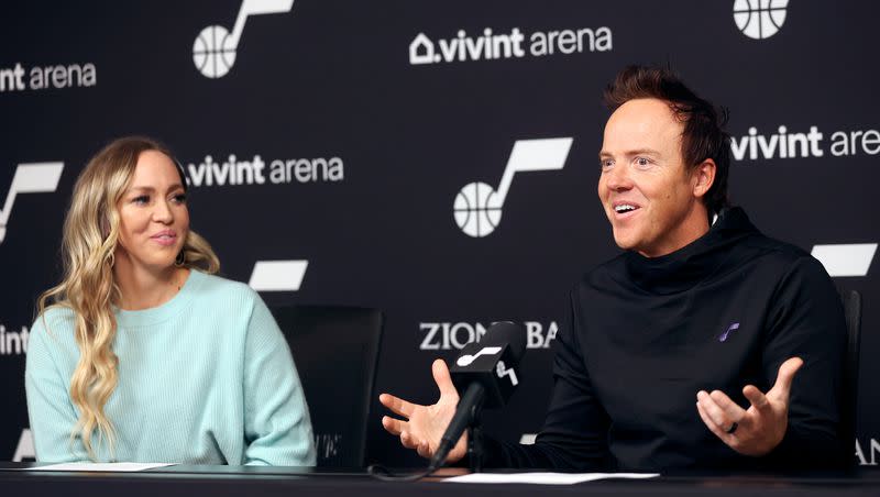 Utah Jazz owners Ashley Smith and Ryan Smith talk to media about the upcoming NBA All-Star 2023 Weekend at Vivint Arena in Salt Lake City, on Feb. 6, 2023.
