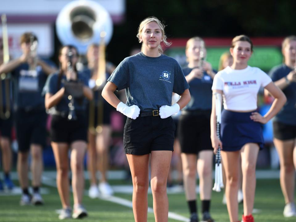 The Halls High School band in a pregame show before the start of the high school football game against Campbell County in Knoxville, Tenn. on Thursday, August 17, 2023.