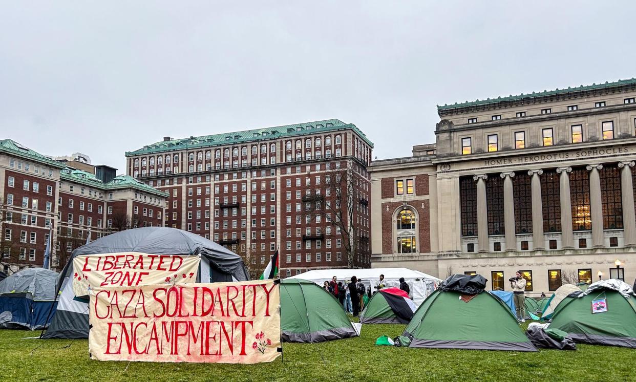 <span>A demonstration at Columbia University campus with more than 100 students who were demanding that Columbia divest from corporations with ties to Israel, in New York, New York on 17 April 2024. </span><span>Photograph: Anadolu/Getty Images</span>