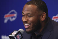 Buffalo Bills third-round draft pick DeWayne Carter addresses the media during an NFL football news conference in Orchard Park, N.Y., Saturday, April 27, 2024. (AP Photo/Jeffrey T. Barnes)