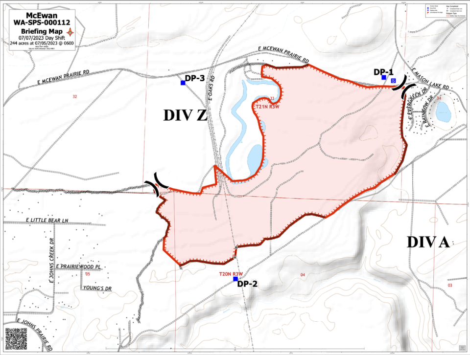 The McEwan Fire north of Shelton has burned 244 acres of industrial timberland and private land north of Shelton as of Friday since starting on Tuesday, July 4, 2023.