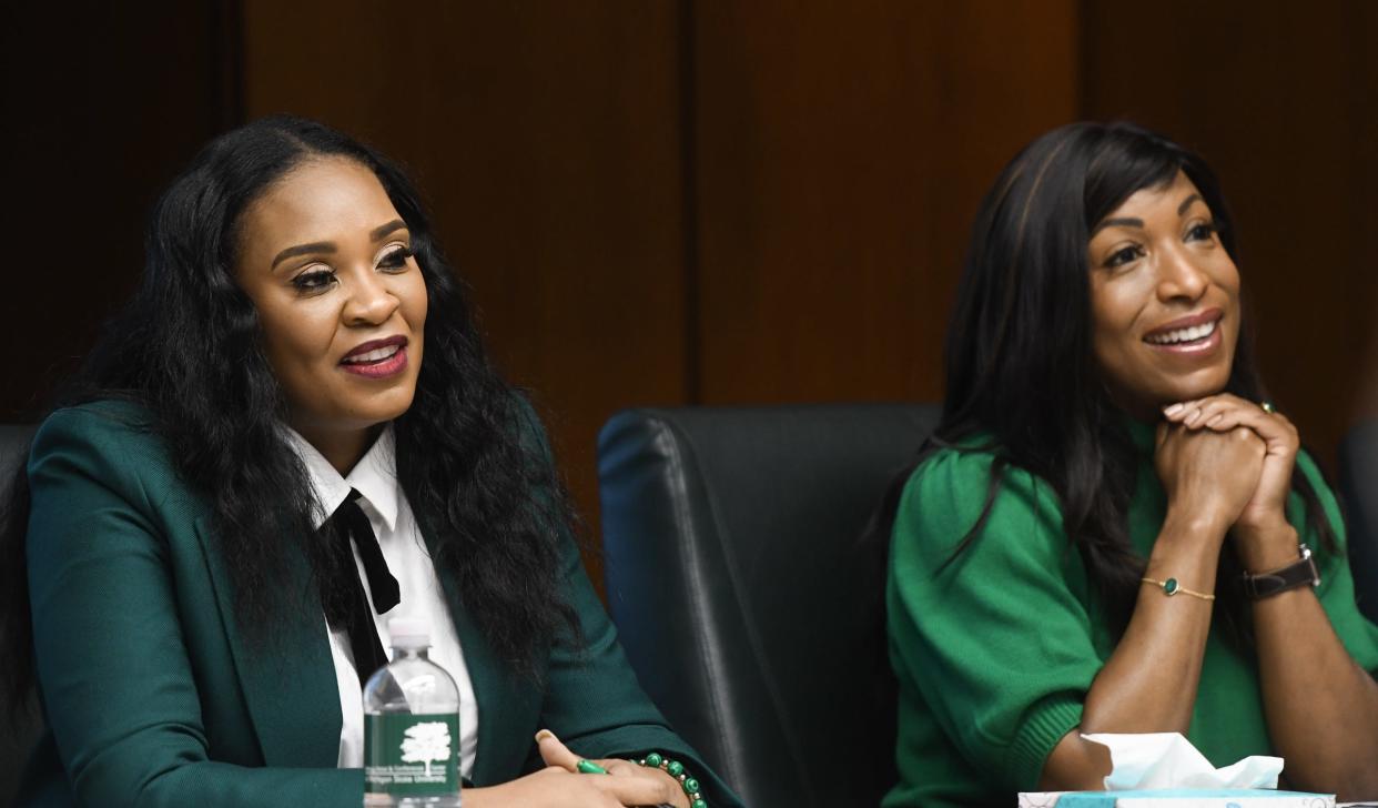 MSU Board of Trustees Chair Rema Vassar, left, and Trustee Brianna Scott, pictured Friday, April 21, 2023, during the Michigan State University Board of Trustees meeting at the Hannah Administration Building.