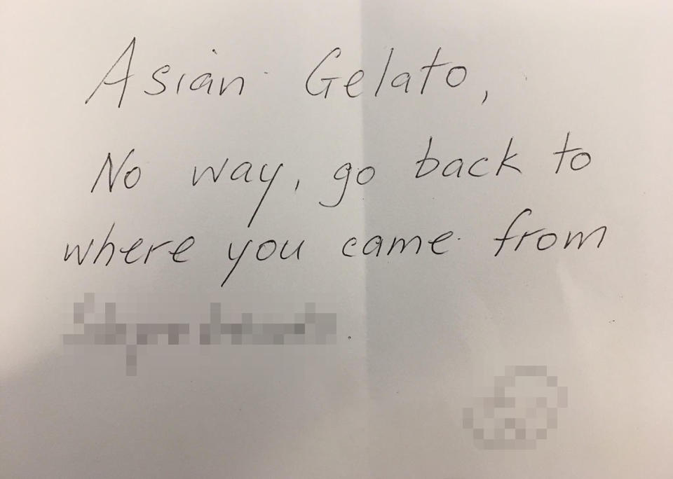 A “coward” left the owner of a Cheltenham gelato shop a racist note telling her to “go back to where you came from”. Source: Paradise Gelato / Facebook