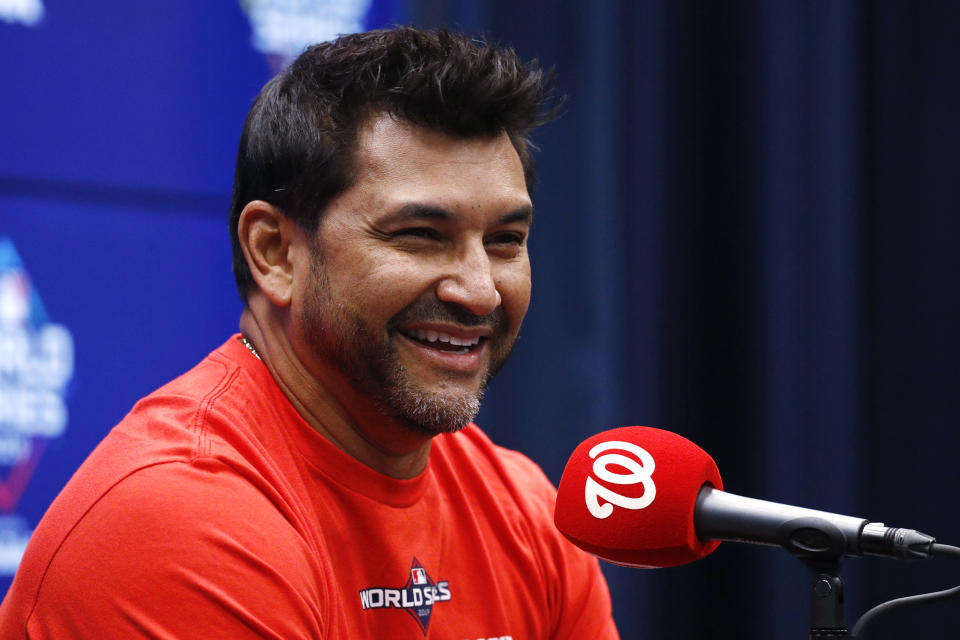 Washington Nationals manager Dave Martinez smiles during a news conference Thursday, Oct. 24, 2019, in Washington. The Nationals and the Houston Astros are scheduled to play Game 3 of baseball's World Series on Friday. (AP Photo/Patrick Semansky)