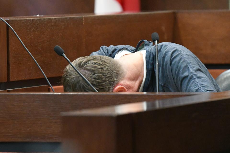 A recess is taken to give time to Brian Winchester to collect himself before continuing his testimony in the trial against Denise Williams for the murder of her husband, Mike Williams, Tuesday, Dec. 11, 2018. 