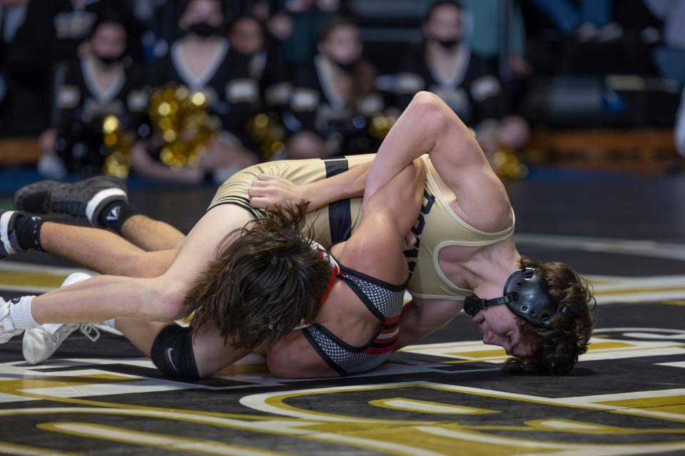 Frankie Burgio (top), shown during a bout last season, helped Point Pleasant Boro defeat Jackson Liberty Wednesday night for the Shore Conference Class B South outright divisional title.