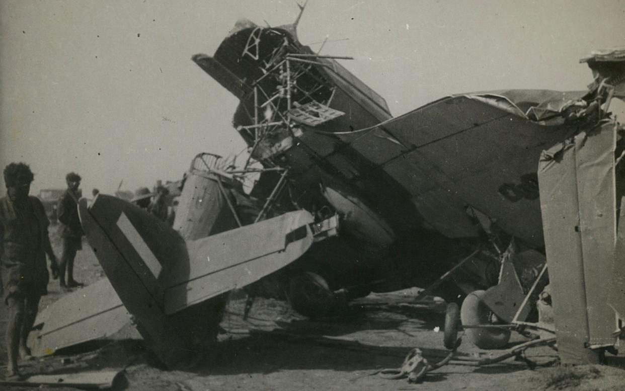 The remains of Souter's Hurricane, which he wrote off while taking off in a sandstorm, aiming to rescue a friend who had crashed in the desert