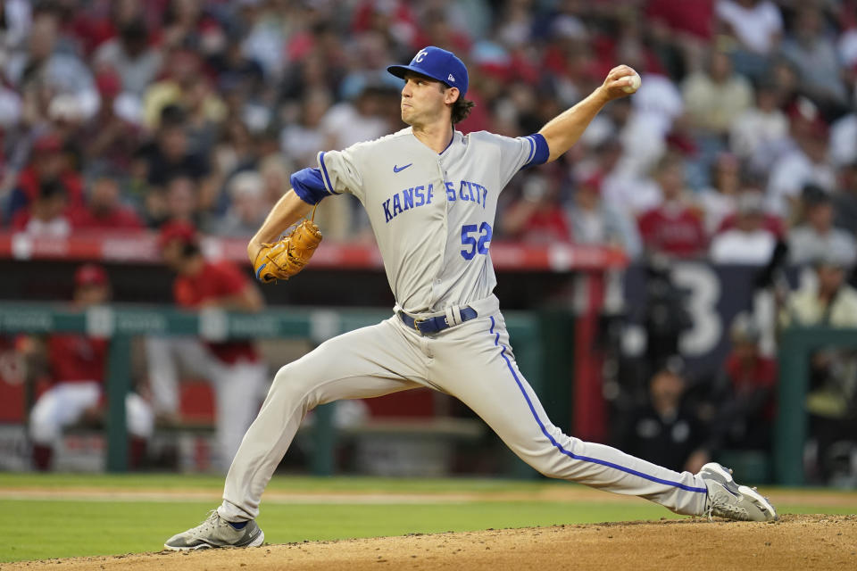 Kansas City Royals starting pitcher Daniel Lynch (52) throws during the third inning of a baseball game against the Los Angeles Angels in Anaheim, Calif., Wednesday, June 22, 2022. (AP Photo/Ashley Landis)