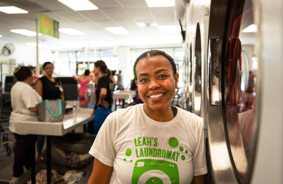 Leah McPherson runs Leah’s Laundromat on the Q in Kansas City, Kansas, where members of the community gather once a month for Community Laundry Day. “The mission behind it is to get as many families in here to get laundry done,” Leah McPherson said. “