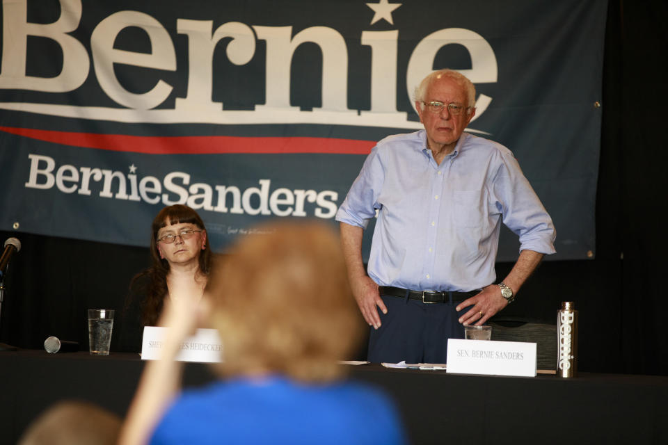 COUNCIL BLUFFS, IOWA, UNITED STATES - 2019/07/20: Senator Bernie Sanders, who is running for the Democratic nomination for President of the United States, listens as seniors talk about senior healthcare issues and insurance coverage problems during a Senior Issues Round table at The Gathering Room. (Photo by Jeremy Hogan/SOPA Images/LightRocket via Getty Images)